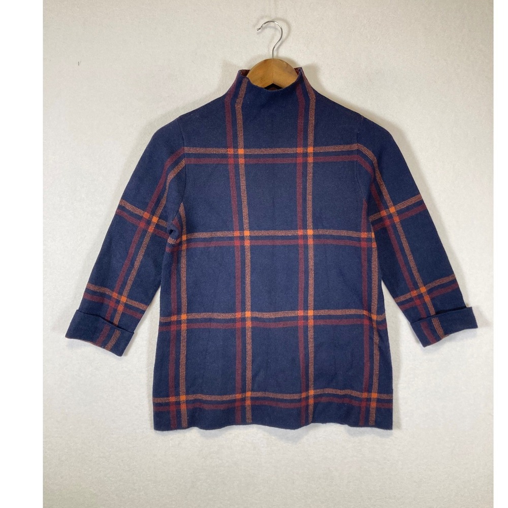 Dark Academia Max Studio Women S Navy Blue Orange Plaid Mock Neck Sweater